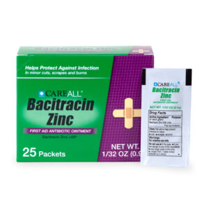 A green box of CareAll BACP925 Bacitracin Zinc First Aid Antibiotic Ointment contains 25 single-use packets. One packet is displayed in front, with packaging emphasizing infection protection for minor wounds.