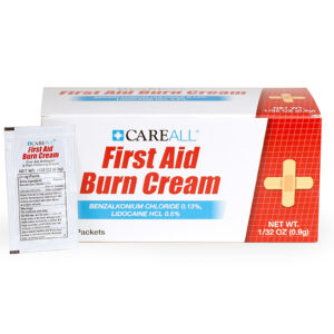A box of CareAll FABCP9 First Aid Burn Cream is shown with one packet in front. The box features a red and white design, a yellow cross, and product details.