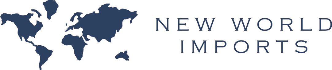 A navy blue world map graphic appears on the left, with the words NEW WORLD IMPORTS in uppercase letters on the right against a light background.