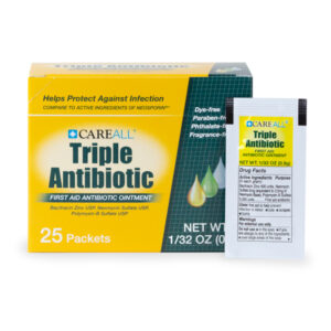 A box of TAOP925 (CareAll Triple Antibiotic First Aid Ointment) contains 25 dye-free, paraben-free, fragrance-free packets. One packet is shown beside the box.