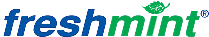 The word freshmint in bold italic letters, with fresh in blue and mint in green, topped with a small green mint leaf symbol above the i.